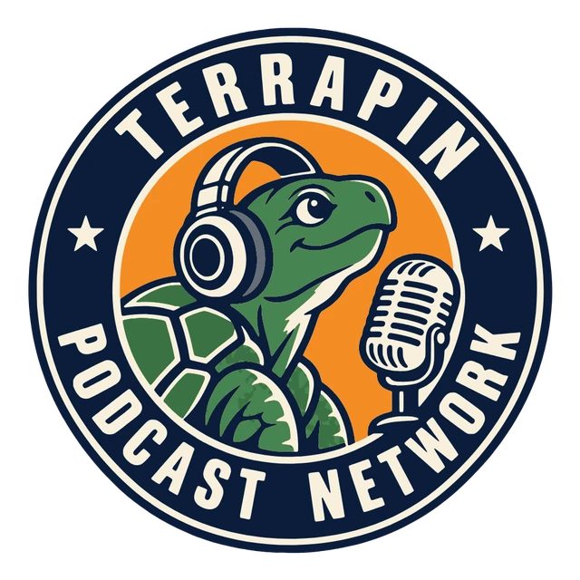 Terrapin Podcast Network badge: a turtle in studio headphones beside a vintage microphone